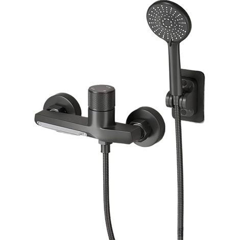 Robinet de baignoire avec douchette noire, mitigeur cascade avec douche, mitigeur en laiton, 5 fonctions, montage mural et tuyau de 1,5 m (1/5)