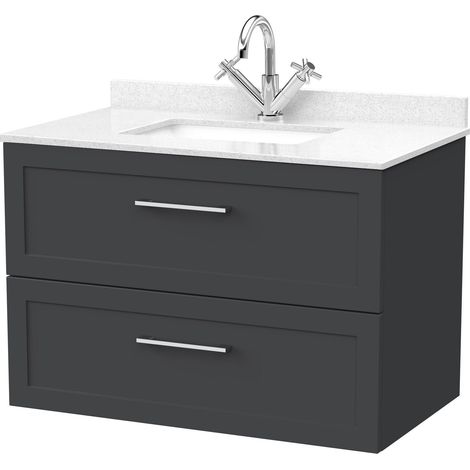 Stonnall Traditional Wall Hung 2 Drawers Vanity Unit with Marble Top with Basin, 800mm, Dark Grey