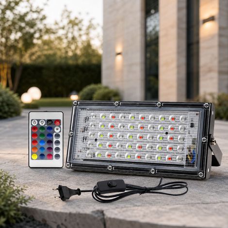 Projecteur LED RGB 50W Étanche avec Télécommande, Corps en Aluminium, Angle Réglable 150°, Éclairage Extérieur Jardin (1/4)