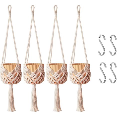 Juego de 4 macetas colgantes tejidas con estampados, de estilo bohemio, ideales para uso en interiores y exteriores. (1/5)
