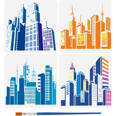 4Pcs Pochoir de Peinture de Paysage Urbain Artistique de 4 Styles Avec Pinceau 30X30cm Modèle de Peinture D'Instantané Ville Pochoirs DIY Artisanat pour Plancher Bois (1/5)