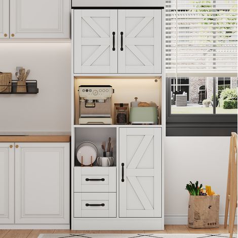 MODFU – Mueble de cocina 72x40x173 cm de MDF/aglomerado con LED RGB, enchufes USB, 2 cajones, puertas estilo granero y carga 50 kg – Blanco (1/5)