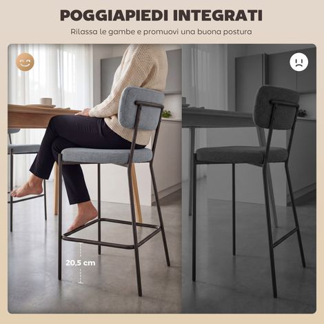 Lot de 2 tabourets de bar hauts gris clair avec dossier, repose-pieds, en tissu et métal (1/5)
