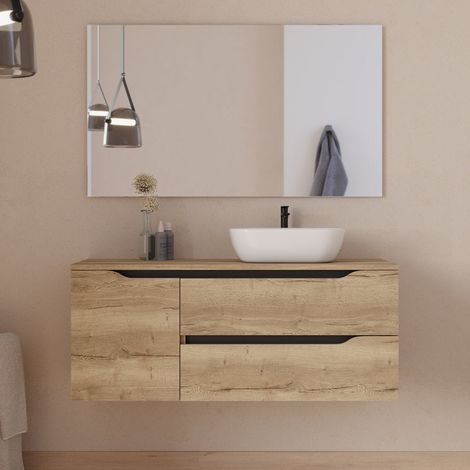 Meuble de salle de bain 120cm avec plateau, vasque à poser déportée à droite Zeus et miroir - 2 tiroirs et un placard - madera miel (bois clair) - ZARZA