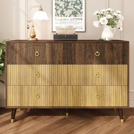 Kommode 120x40x81 cm Natur aus MDF und Spanplatte mit 6 Schubladen, goldfarbenen Griffen und Retro-Look (1/5)