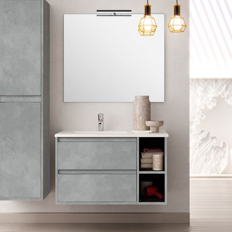 Meuble de salle de bain 80cm vasque déportée - 2 tiroirs et 2 niches - ciment (gris) - OLYMPE (1/5)