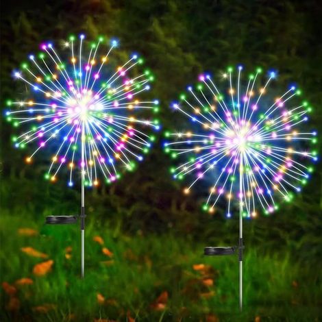 Paquete de 2 luces solares con forma de fuegos artificiales, 200 LED, 8 modos, resistentes al agua, para jardín y camino (1/5)