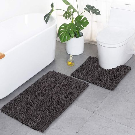 Set of 2 chenille bath mats, soft, non-slip, rectangular, absorbent, durable long pile for bathtub, shower, bathroom, toilet (dark grey) (1/5)