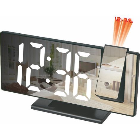 Sveglia con proiezione LED, multifunzione, con sensore di luce intelligente, effetto specchio digitale, con porta USB, corpo nero e luce bianca.