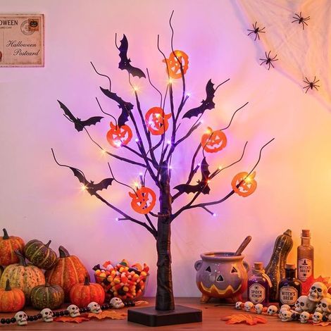 Lampe décorative d'Halloween - Lumière d'ambiance LED - Lampe décorative - Guirlande lumineuse d'Halloween - Décoration intérieure - Décoration de table - Arbre d'Halloween - 24 LED bicolores - Lumièr (1/5)
