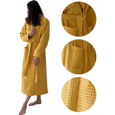 Damenbademantel mit Waffeltaschen, 100 % Baumwolle, schnelltrocknend, goldfarben, Größe 2XL (1/5)