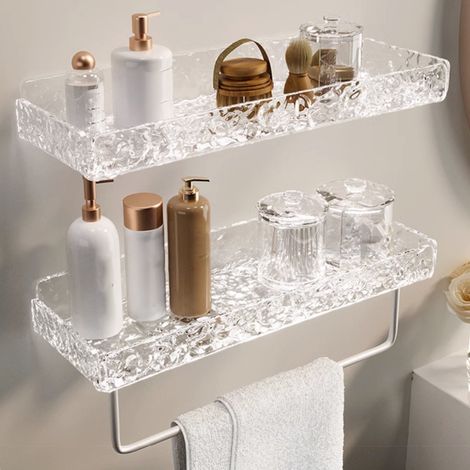 Étagère de salle de bain de luxe en acrylique avec miroir, fixation murale, porte-serviettes sans perçage, texture pierre transparente - Blanc avec tringle (1/5)