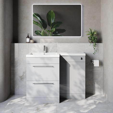 Napoli 460 Gloss Grey Pearl 1100mm 2 Drawer Vanity Unit Toilet Suite with Left Hand Square Lucia Basin - 1100mm - Chrome 320mm HandleWithout Kingston Toilet Pan
