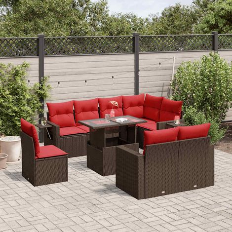 9-teiliges Gartensofa-Set mit Kissen, braun, Polyrattan (1/5)