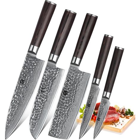 5 Piece Kitchen Knife Set Hammered Finish 67 Layers Steel Damascus Sharp Chef Knife Santoku Nakiri Universal Fruit Professional Knives - Pakka Wood Handle (1/5)