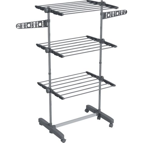 Tour de séchage du linge sur roulettes, 3 niveaux, séchoir pliable autoportant avec ailes latérales, en acier gris