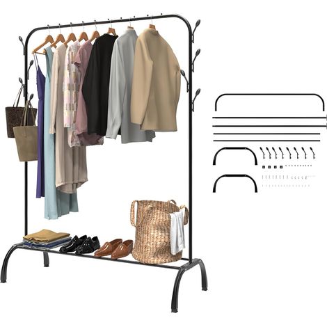 Cintre robuste, cintre en métal de 150 cm avec crochet et étagère inférieure, pouvant supporter jusqu'à 42 kg, cintre portable, peut accrocher vestes, jupes, chemises, pulls, châles, chaussures, noir (1/5)