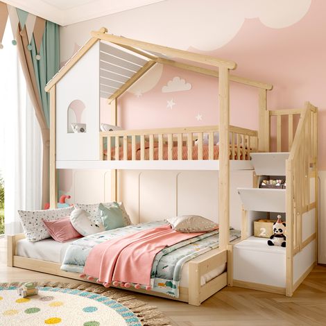 Letto a castello 90x200 + 140x200 cm con scala contenitore, corrimano e sponde di sicurezza, bianco e naturale, senza materasso (1/5)