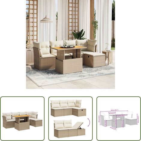 vidaXL Gartentisch mit Bezug - 6-tlg. Garten-Sofagarnitur mit Kissen Beige Poly Rattan (1/5)