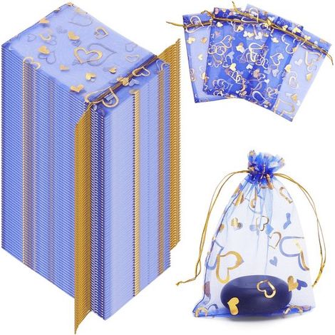 Dailygoods Blaue Organzabeutel mit Herzmuster 100 Stück Kleine Geschenktüten Hochzeits Gastgeschenke Schmuckbeutel mit Kordelzug 16 x 11 cm (1/5)