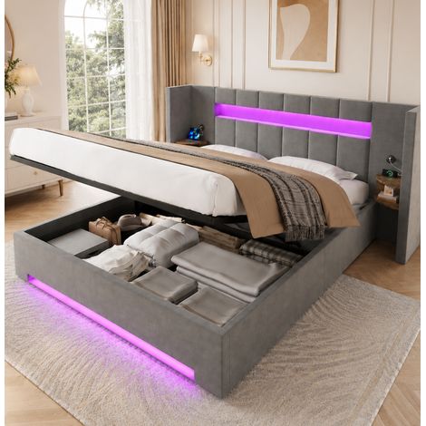 REDOM - Lit coffre - 160x200 cm - avec USB - LED - rangements - velours - gris foncé (Sans matelas) (1/5)