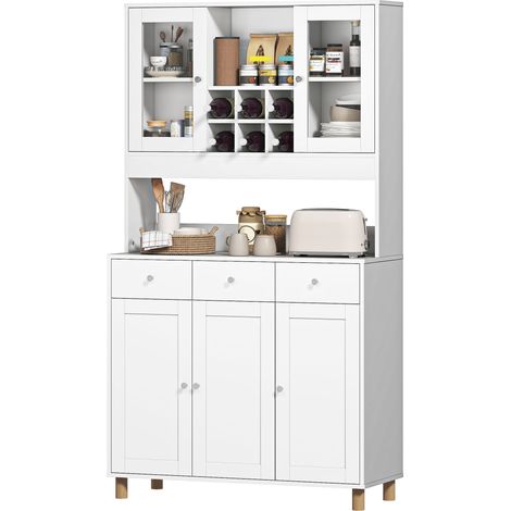180 cm Küchenschrank, 2 Glastüren, 3 Schubladen, 4 verstellbare Regale, Esszimmerschrank, Spanplatte, Weiß (1/5)