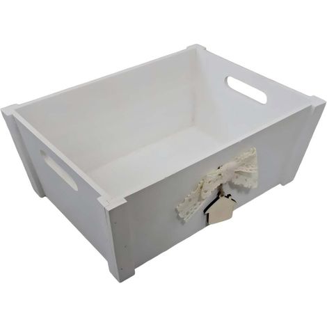 Cassetta in paulownia bianca con fiocco e casetta, 38x28x15 cm (kit da 3)