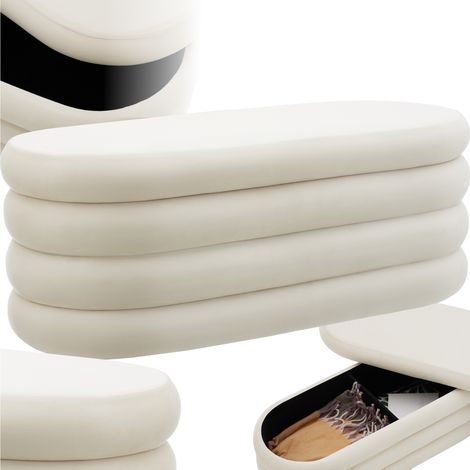 Banc rembourré avec espace de rangement velours crème/blanc