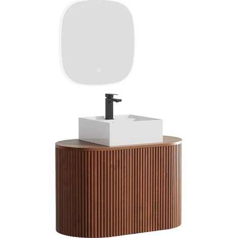 Mobile lavabo sospeso in teak con lavabo da appoggio quadrato, rubinetto e specchio Naturale scuro 90 cm - TOWARI (1/5)