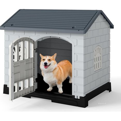 COSTWAY Niche pour Chien Pliable Exterieur Interieur, Plateau de Toilette Amovible, Porte Verrouillable, Cage Chien Chat en PP, 3 Fenêtres, Toit Incliné, pour Chiot Chat Lapin (75 x 57 x 68 cm,Gris) (1/5)