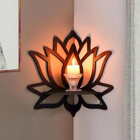 Lotus Étagère d'angle flottante en bois noir mat pour espaces de méditation, yoga, décoration d'intérieu (1/5)