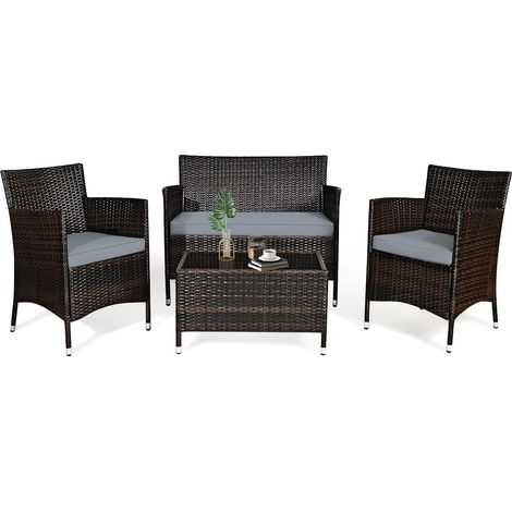 COSTWAY 4-teiliges Rattanmoebel-Set, Polyrattan Set mit Hartglas Sofatisch, Rattan Lounge inkl. Sofa Gartenstühle mit Kissen für 4 Personen, Balkon Sitzgruppe für Garten Pool Hof, Braun
