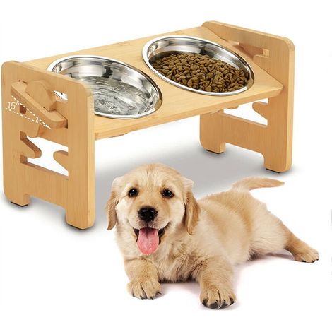 Gamelles Surélevée pour Chat et Chien Personnalisée en Bambou avec 2 Bol en Inox (1/5)
