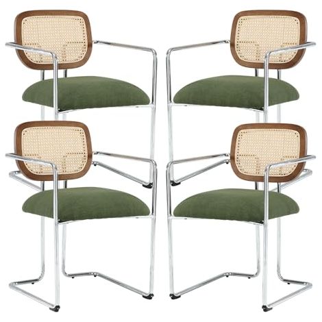 Wahson Lot de 4 Chaises en Lin, Chaises de Salle à Manger Moderne Chaise de Cuisine avec Dossier Osier, Pied Métal, Vert (1/5)