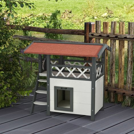 Cabane Chat Extérieur avec Terrasse, Escalier, Toit, Niche Villa, 77 x 50 x 73 cm Blanc et Rouge (1/5)