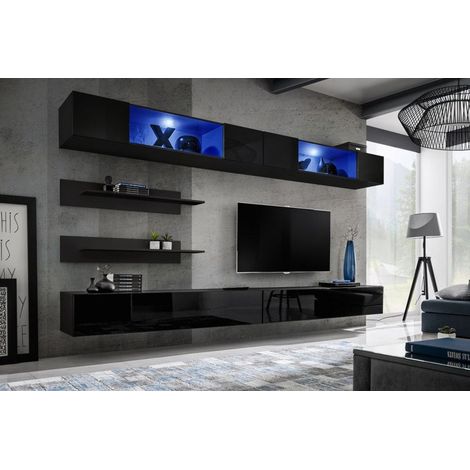 Ensemble mural - FLY I - 2 rangements LED - 2 meubles TV - 2 étagères - Noir - Modèle 2 - Livraison gratuite