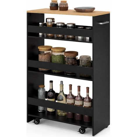 COSYWAY Carrello Portaoggetti a 4 Ripiani, Maniglia Laterale e Ruote, 25 cm,Naturale+nero