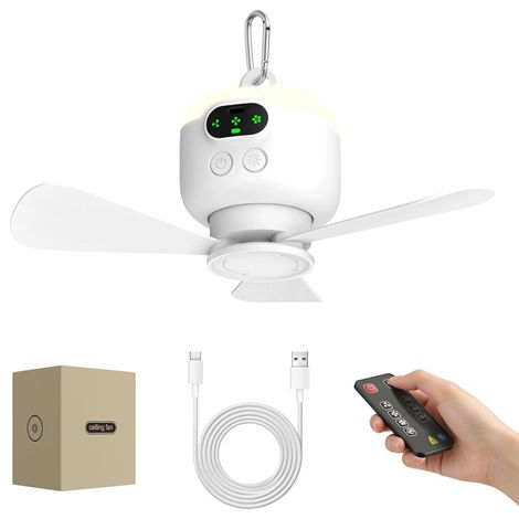 Ventilateur de plafond rechargeable USB de grande taille avec pales détachables, veilleuse intégrée, batterie de 8000 mAh, pour usage domestique ou extérieur. (1/5)