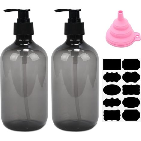 Distributori di sapone liquido per doccia cucina bagno 500 ml, dispenser per gel doccia, flaconi con pompa vuoti per shampoo lozione, imbuto ed etichette, grigio (1/5)