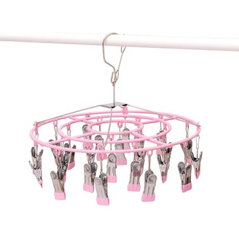 Étendoir à linge en acier inoxydable pour vêtements et chaussettes avec 24 pinces, crochet pivotant et cintre coupe-vent pour chaussettes, soutiens-gorge, serviettes, sous-vêtements, linge, chapeaux, (1/3)