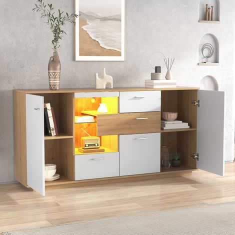 Buffet 40x160x77cm LED 16 couleurs 2 portes 4 tiroirs grand rangement cadre MDF Couleur naturelle et blanc (1/5)