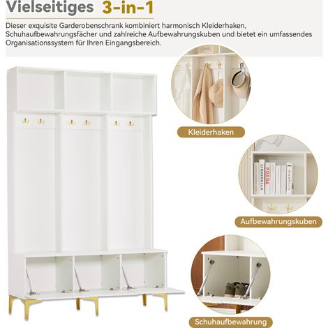 Armoire avec banc, meuble polyvalent pour ranger des objets divers. Structure ouverte, avec des crochets et des pieds en or. Conforme aux dimensions suivantes : B120/D40/H191,5 cm. Idéale pour les cou (1/5)