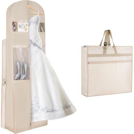 Housse pour robe de mariée (beige), 183 cm, pliable en trois parties, avec poches pour accessoires et boucle ajustable Idéale pour les mariages, les bals de fin d'année, les voyages et le rangement (1/4)