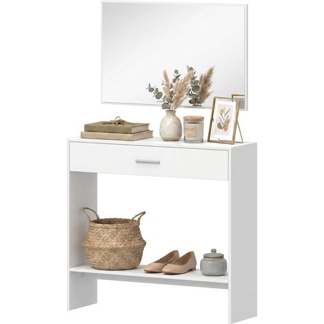 Console d'entrée avec miroir, tiroir et étagère, meuble d'entrée, 91,5 x 27,9 x 85,5 cm, blanche (1/5)