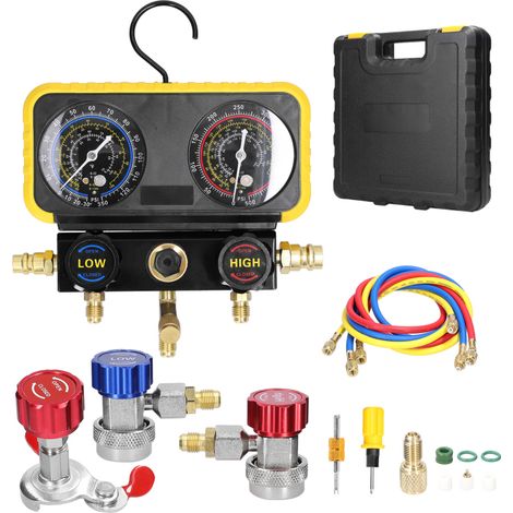 Kit de remplissage de réfrigérant pour climatiseur à double manomètre, kit d'entretien frigorifique à pression réglable, raccord en laiton, dispositif de réparation de climatiseur (1/5)