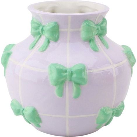Vase à Fleurs Décoratif Motif Rubans Coloris Lilas et Menthe 14,5 x 14,5 x 13 cm - PANGIVO (1/3)