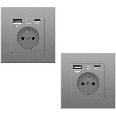 2 prese a muro, grigie, con porte USB e Type-C, presa di corrente in vetro, 5 V, 2100 mA - DOU