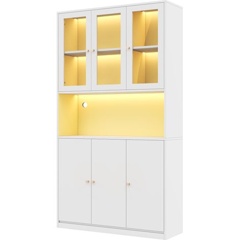 Bibliothèque 100×35×200 cm avec portes en verre et éclairage LED – étagère sur pied avec vitrine, niche ouverte et 3 portes, armoire à dossiers pour classeurs et livres, blanc (1/5)