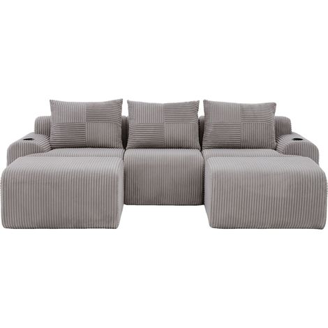 Divano modulare 3 posti in corduroy grigio chiaro con 2 pouf e portabicchieri (1/5)