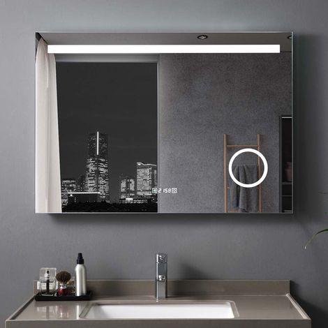 Badspiegel mit Beleuchtung LED Rechteckig Badezimmer Badezimmerspiegel Wandspiegel mit Touchschalter Uhr Kosmetik 3 Lichtfarben Dimmbar, 80x60cm